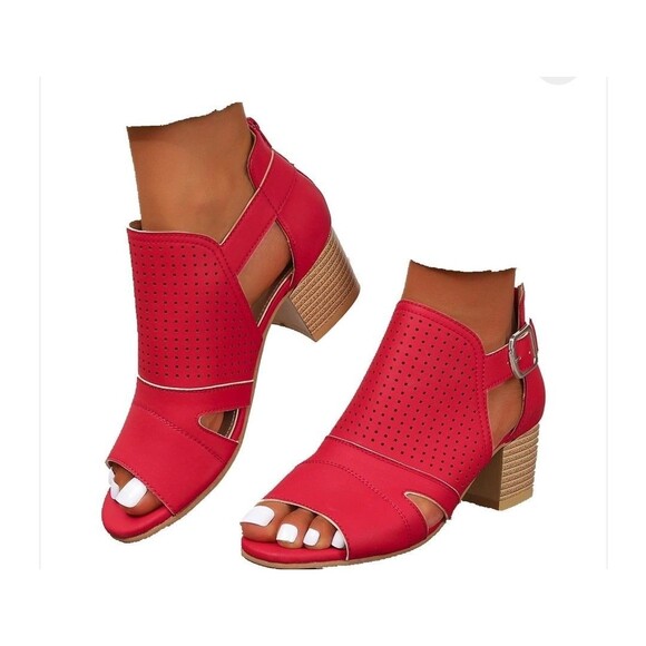 Red Peep Shootie Open Toe Perforated Sandals Cutout Block Heels Size 11 NEW - Picture 5 of 6